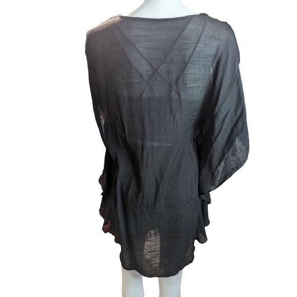 Black Gauzy Poncho w/Crochet Granny Squares Boho Tunic Beach Coverup Sz OSFM - Picture 3 of 8
